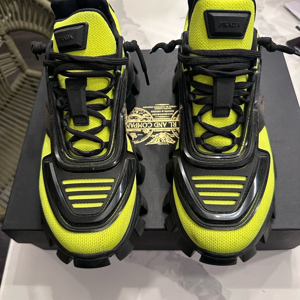 Prada Neon Yellow and Black Lug-Sole Sneakers